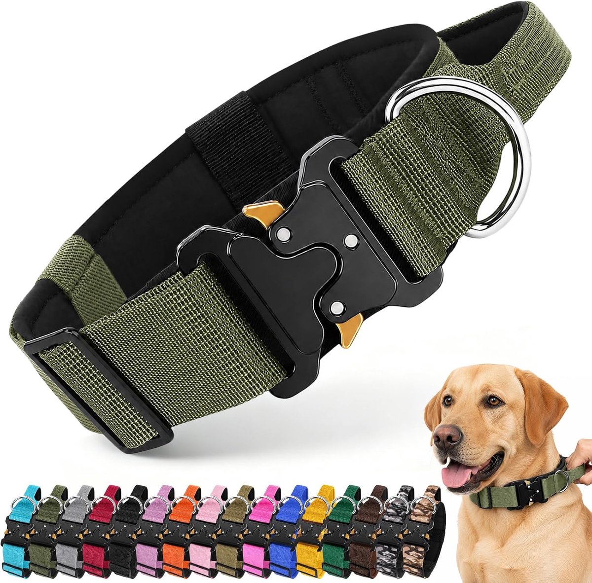 Hondenhalsband verstelbaar met handvat (legergroen, XL)