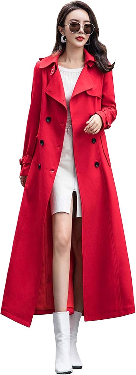 Ebossy Women's Double Breasted Duster Trench Coat Slim Full Length Maxi Long Overcoat (Large, Red)