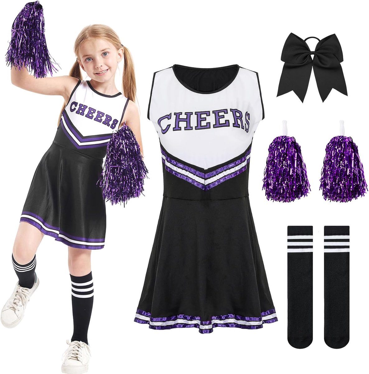 Carnavaljurk voor meisjes, cheerleader-kostuum voor meisjes met pompon, cheerleader en haarspelden met strik, carnavalsjurk voor meisjes