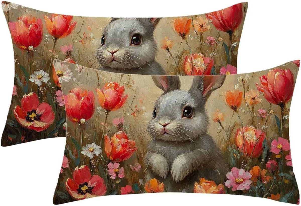 60 x 80 cm, 2 stuks, bloemenkussensloop, konijnenmotief, fluwelen kussensloop met onzichtbare ritssluiting, kussensloop voor woondecoratie, woonkamer, cadeau, dames, model921