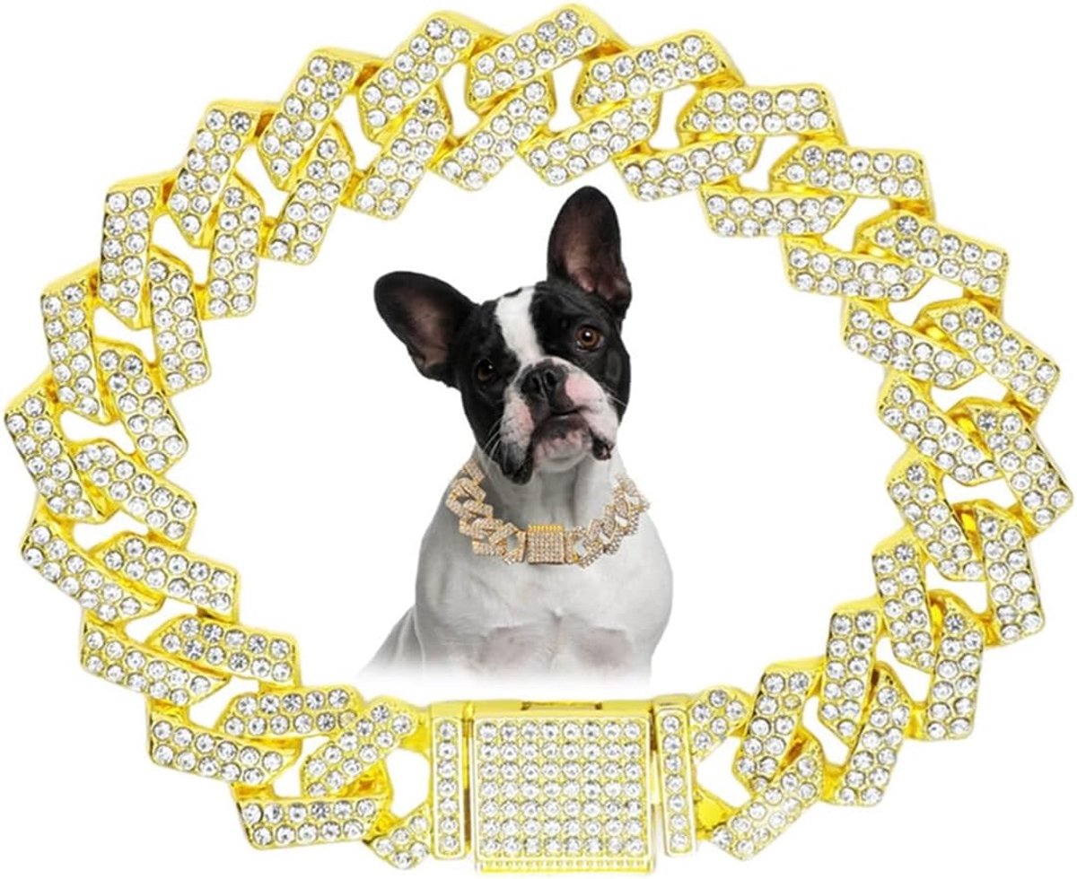 Ketting hondenhalsband, diamant metaal Cubaanse schakel hondenketting halsbanden, 15 mm brede bling sprankelende puppy ketting voor kleine, middelgrote en grote huisdieren honden katten zilver