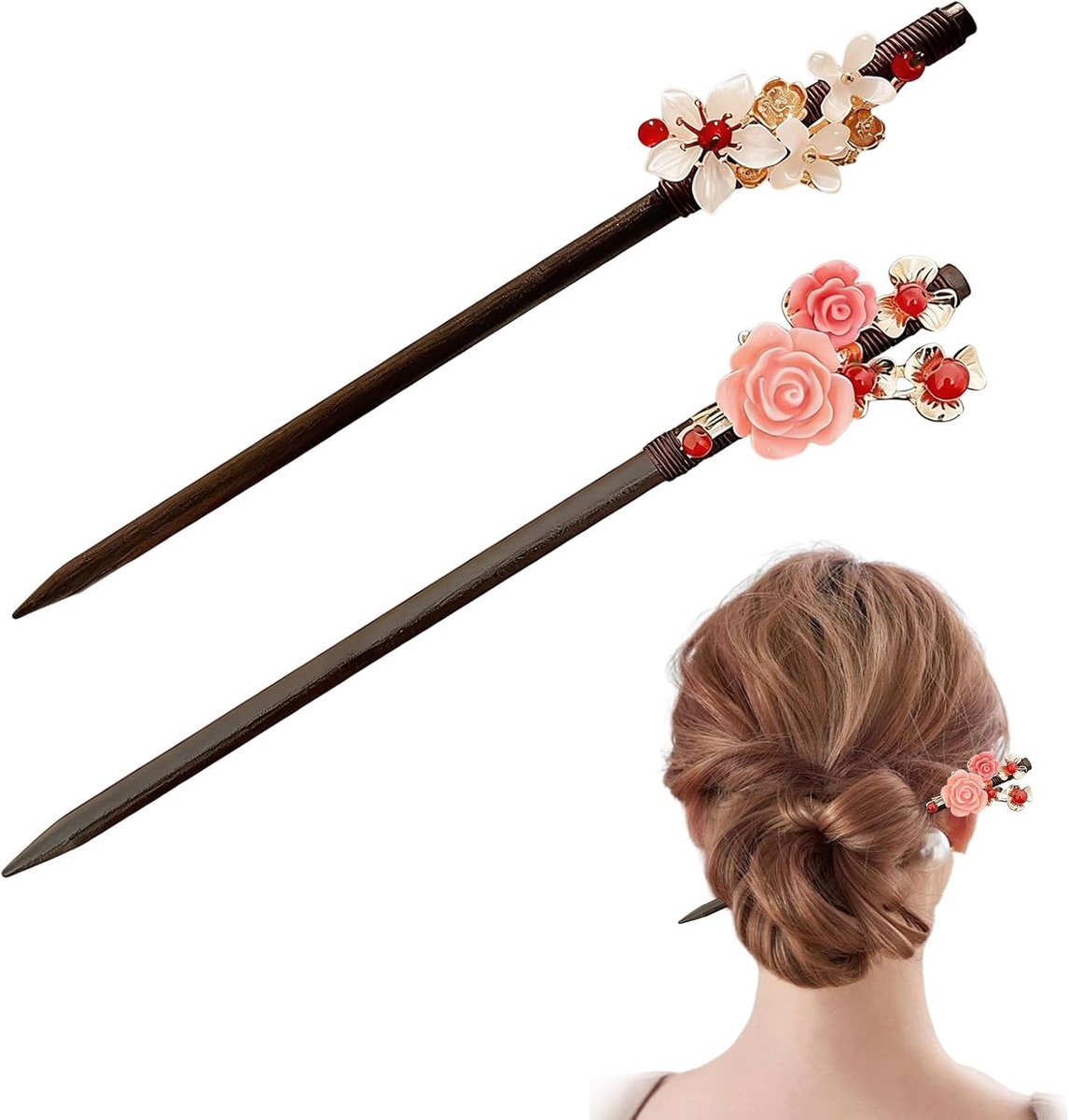 2 stuks Chinese haarstokken, rode houten Chinese nieuwjaarshaarspelden, houten haarsticks met kwastje, Aziatische retro bloem kwastje opgestoken haarspeld eetstokjes, houten bloemen haarspeld