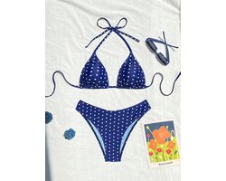 Bikini Set, Rood met Witte Polka Dots, Halter Driehoek Top en Slip (DE/NL/SE/PL, Alfabetisch, L, Blauw)