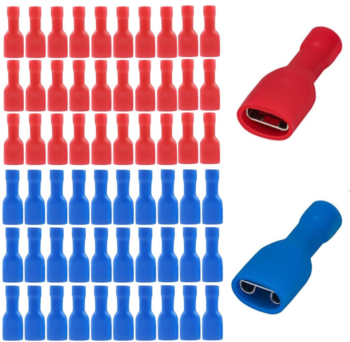 60 stuks snelkoppelingsbus, vinyl, volledig geïsoleerd, rood voor 0,5-1,5 m² (22-16 Awg), blauw, voor 1,5-2,5 mm² (16-14 Awg), 6,3 x 0,8 mm kabelschoen