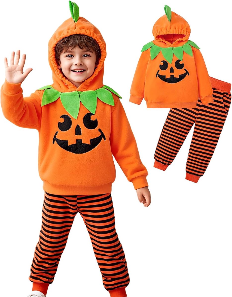 2 stuks pompoenjurk voor kinderen, pompoen met lange mouwen, zuccas voor meisjes, warm, Zuccas meisjes met capuchon + broek, Halloween-cadeaus voor pasgeborenen