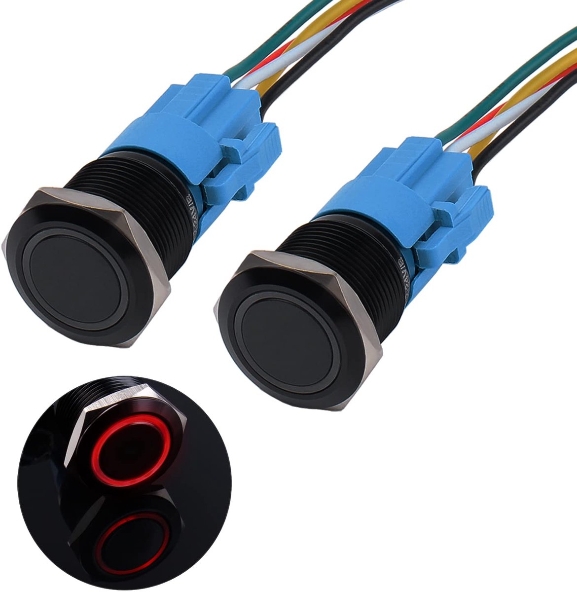 2 × 19 mm drukschakelaar, 12 V tot 24 V 3 A waterdichte momentary schakelaar van aluminiumlegering IP66 1NO1NC vooraf bekabelde momentan, zwarte drukknop met LED-verlichting voor motorfiets, boot, vrachtwagen, RV (rood)