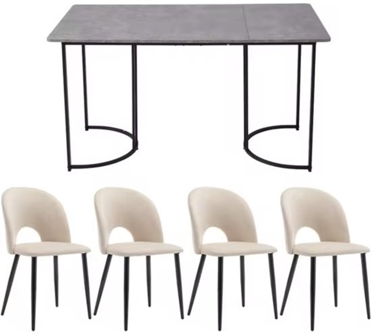 J&R eettafel met stoelen - Eettafel - Tafel met 4 stoelen - Grijs betonlook tafelblad - Zwart stalen frame - 4 stoelen - Beige fluweel - 140 × 80 cm