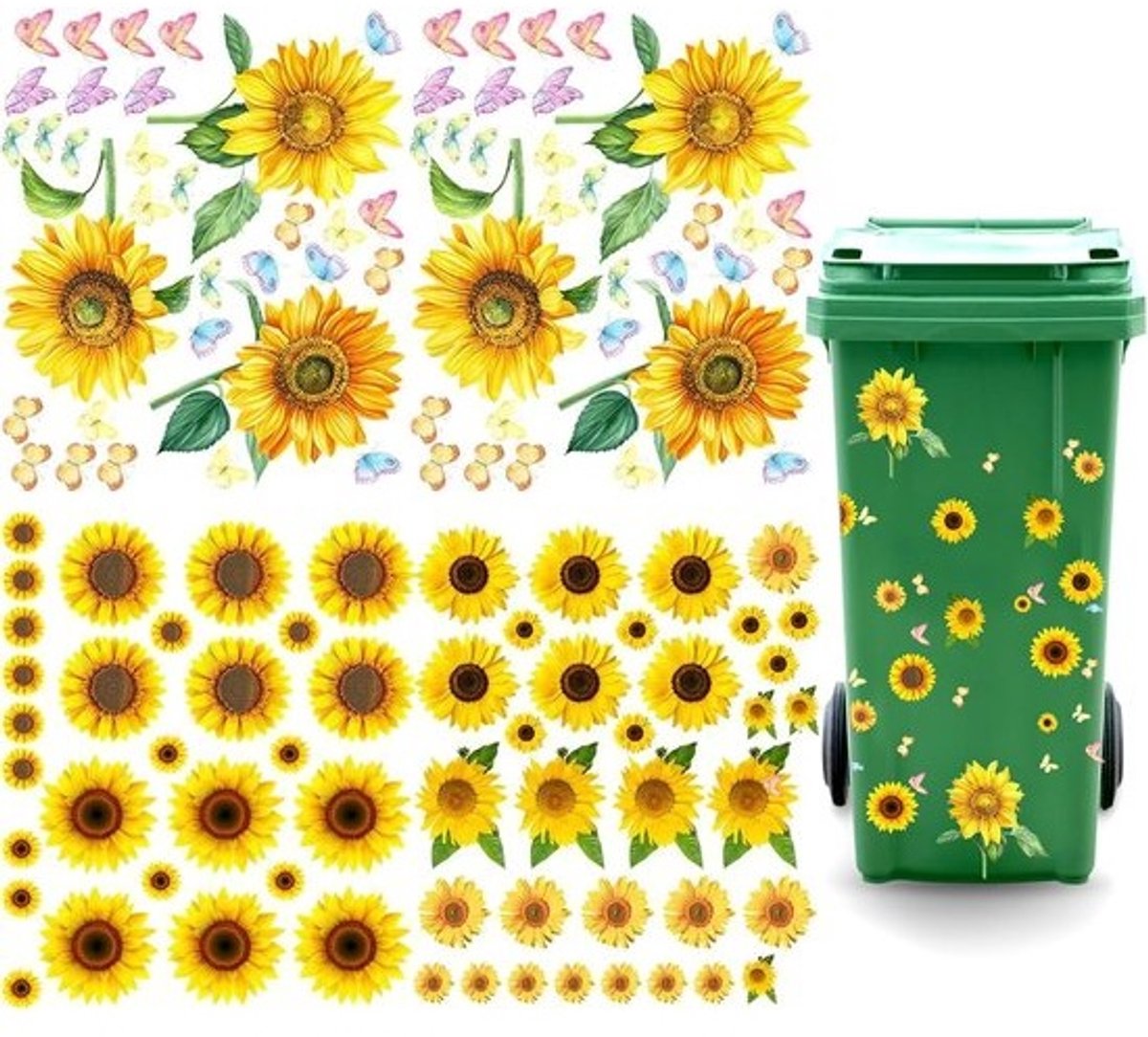 zelfklevende bloemenstickers - voor vuilnisbakken - Set van 4 vellen - waterdicht - bloemmotieven - zonnebloem - molenemmer - containerstickers