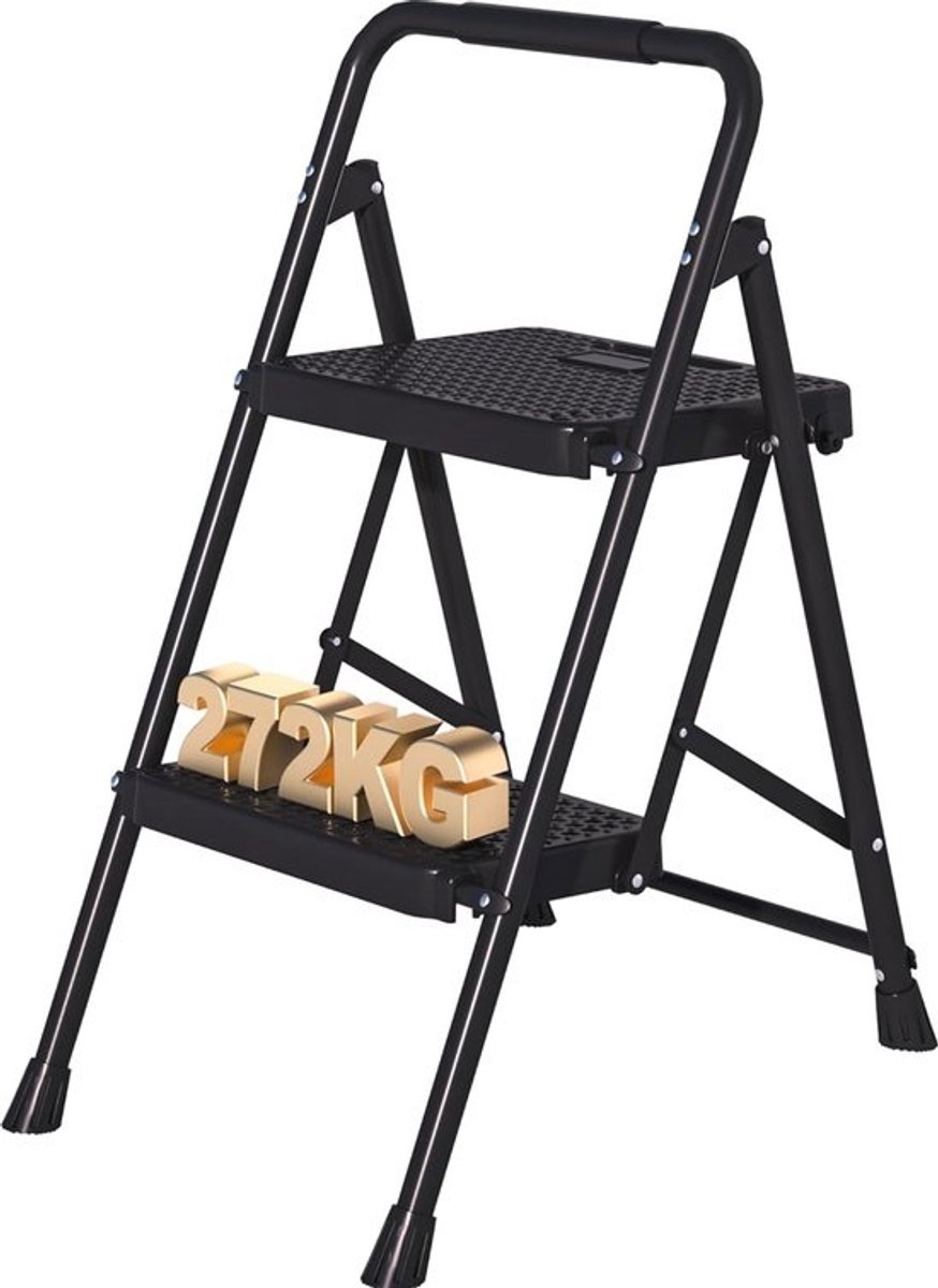 Opvouwbare 2-trapsladder - voor thuisgebruik - Zwarte stalen ladder - met antislippedalen - en sponsstuur