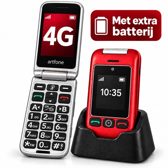 Rode Artfone G6 klaptelefoon met 4G en extra batterij. Telefoon is open en gesloten in oplader.