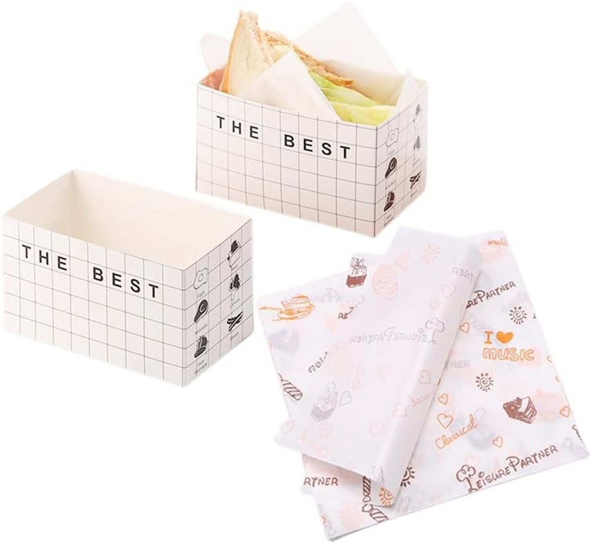 50 Stuks Papieren Afhaalcontainers, Mini Burgerdozen en Sandwichdozen met 50 Vellen Oliepapier voor Restaurant, Picknick en Feestmaaltijden