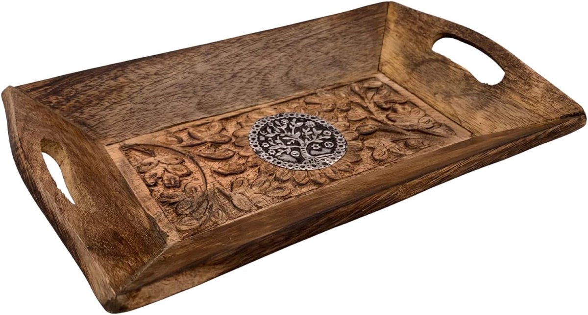Dienblad voor de entree van hout, decoratief, oosterse stijl met decoratieve Boeddha's, olifant, geluk en meer naar keuze, 24 x 15,5 x 4,6 cm (lotusbloem)