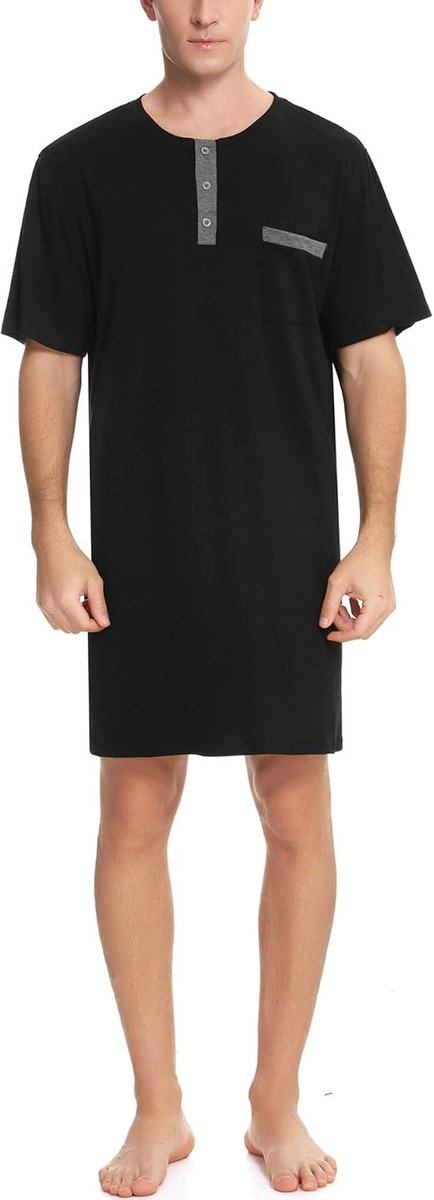 Nachthemd voor heren, katoenen pyjama met lange mouwen, korte mouwen, pyjama-bovenstuk, lang T-shirt, ronde hals met knopen, huiskleding, grote maat, zacht, comfortabel