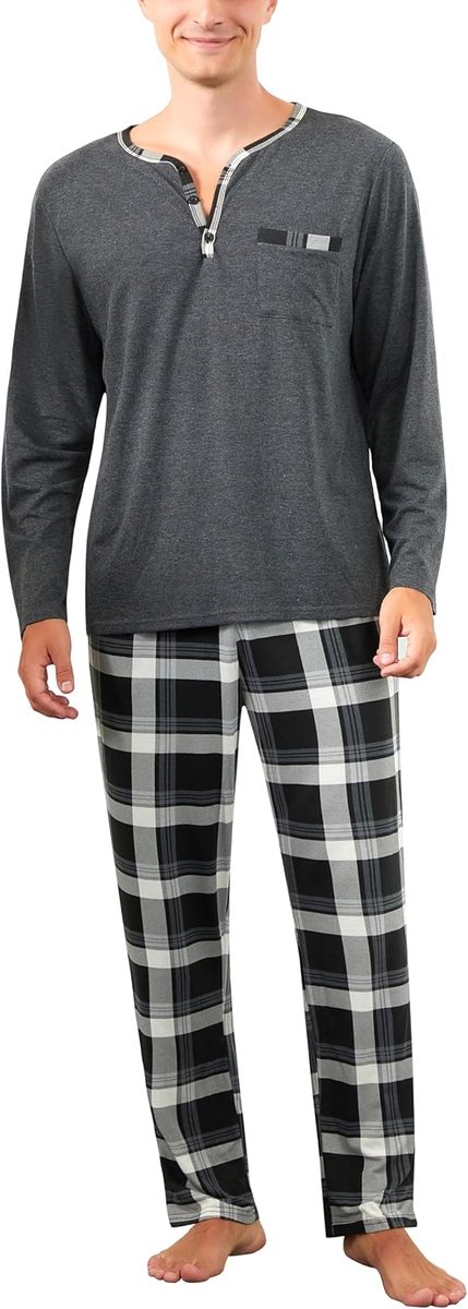 Pyjama Heren Katoen Set Pyjama Tops T-shirt Lange Mouwen Ronde Hals met Knopen Huiskleding Plaid Plaid Nachtkleding Grote Maat Zacht Comfortabel M-4XL