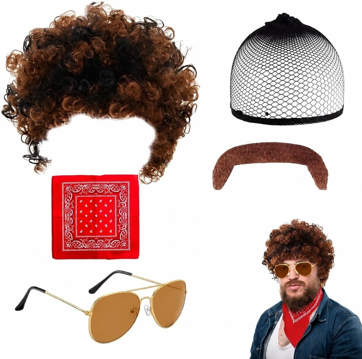 Afro Peruk voor Mannen en Vrouwen - 70s en 80s Kostuum voor Carnaval, Disco en Halloween met Accessoires