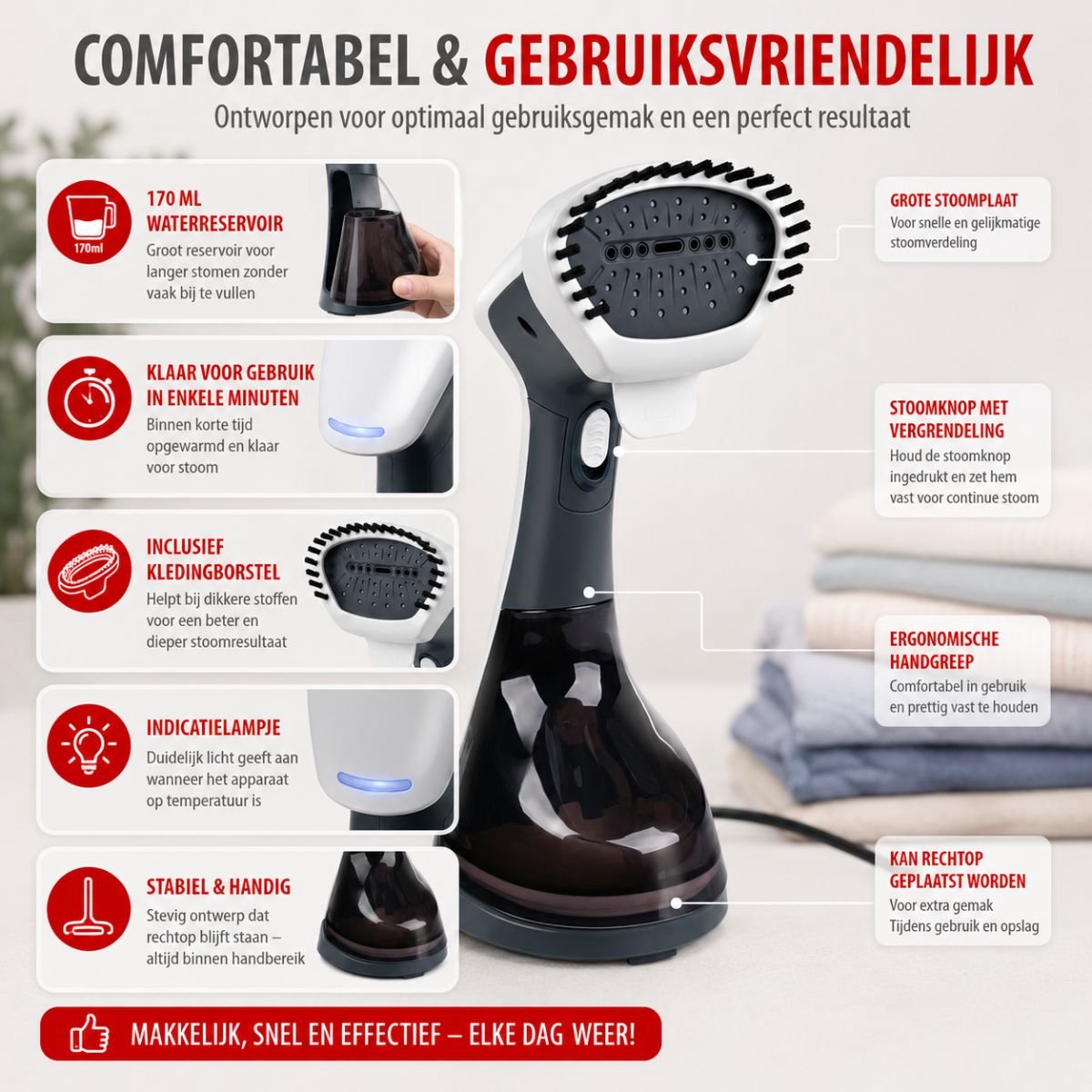 alpina Kledingstomer PG2006 - Opvouwbaar Stoomapparaat Kleding - Handstomer met 170 ml Waterreservoir - Stomer met Afneembare Borstel - Steamer 1500W