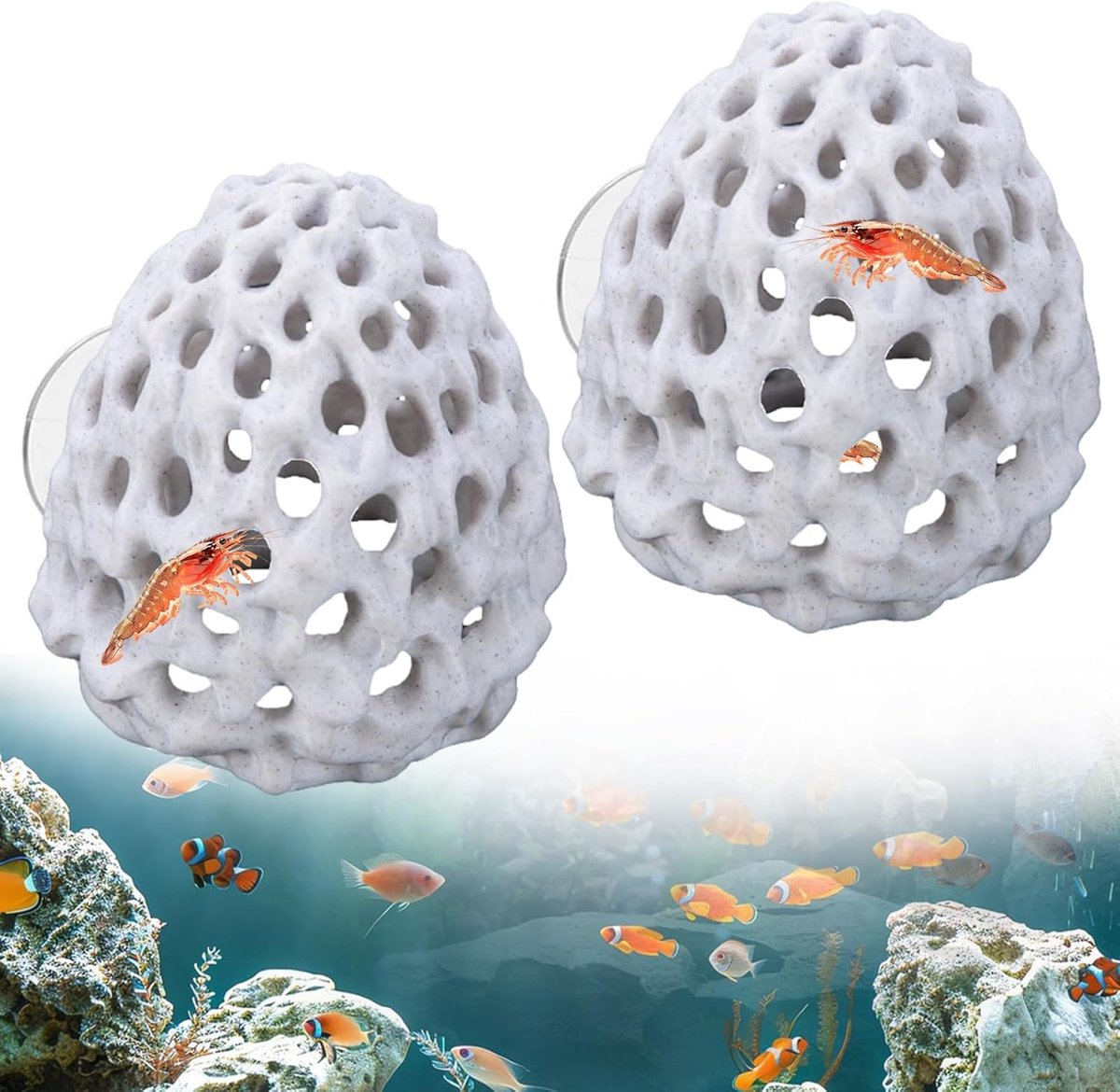 SnelShoppen - Aquarium Hiding Area voor Garnalen - 2 Stuks Plastic Schuilplaatsen met Zuignappen - Porous Coral Steen, Grot Decoratie voor Kleine Viss