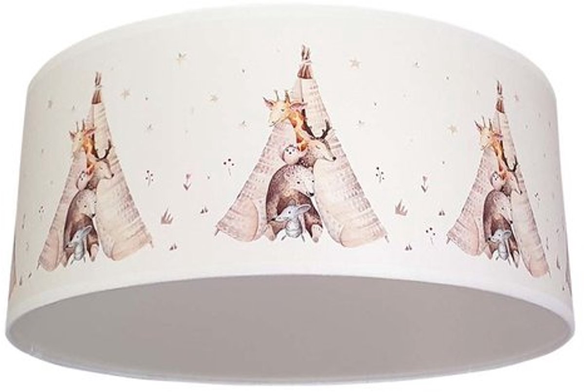 Plafondlamp aquarel dieren in tipi-sfeerverlichting-tipi-beer-muisje-kinderkamer-35 diameter 15cm hoog-E27 fitting-diffuser