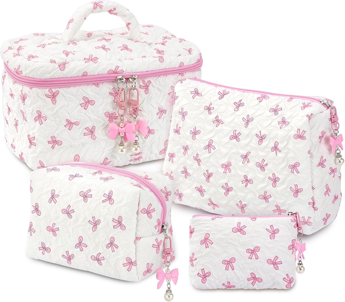 Women's Makeup Bag 4 Pieces Organizer Travel Toiletry Bag with Handles Cotton Cosmetic Bag with Bow for Gifts, pink + - ShopVlot