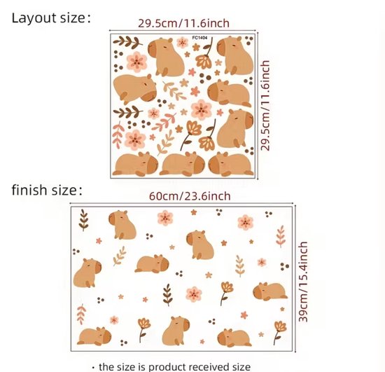 Afmetingen van een vel met bruine capibara's, roze bloemen en takjes, en het eindformaat van de muurstickers.