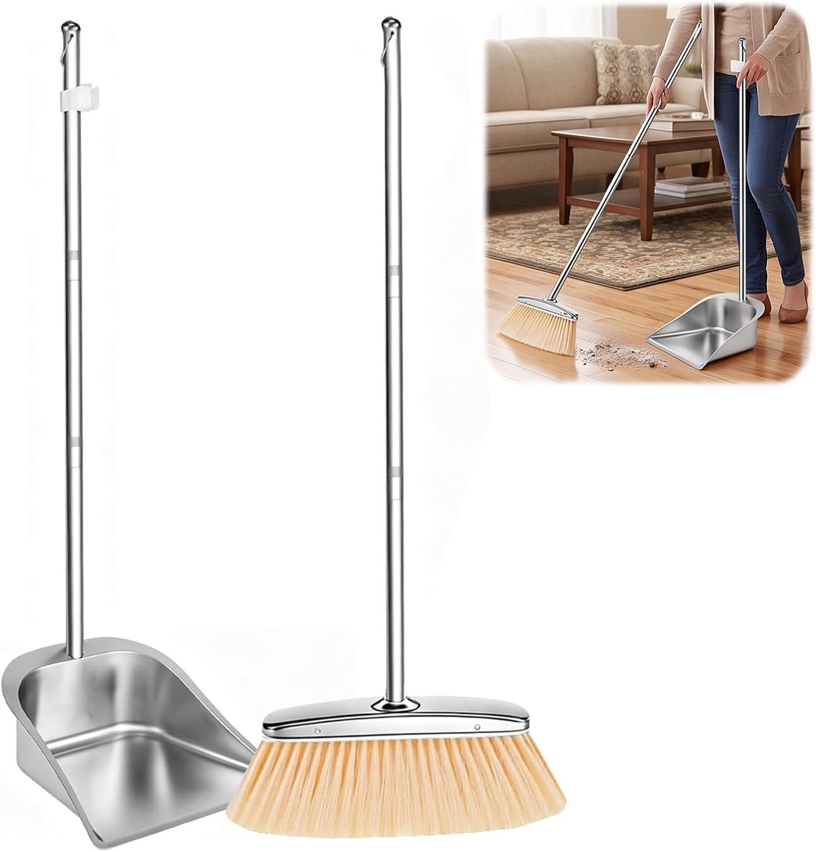 Bezem en stofpan set met lange steel, schop en bezemset, roestvrij staal, bezem en stofpan, 108 cm/118 cm - ShopVlot