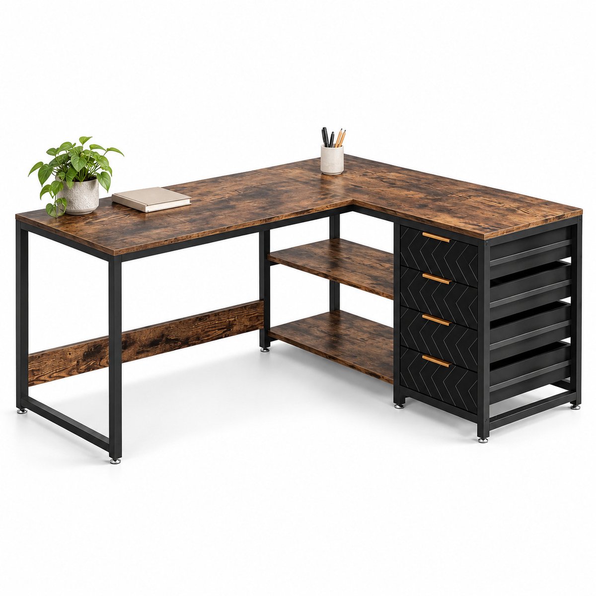 DMG Supply Omkeerbaar Hoekbureau met 4 Lades - L-Vormig Computerbureau met Opbergruimte - 150 x 110 x 75 cm - Bruin/Zwart