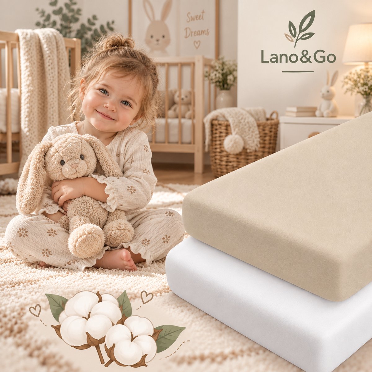 Lano&Go Set van 2 Hoeslakens 60x120 cm Babybed – Oeko-Tex Katoen – Beige/Wit – Geschikt voor Matras 60x120 cm