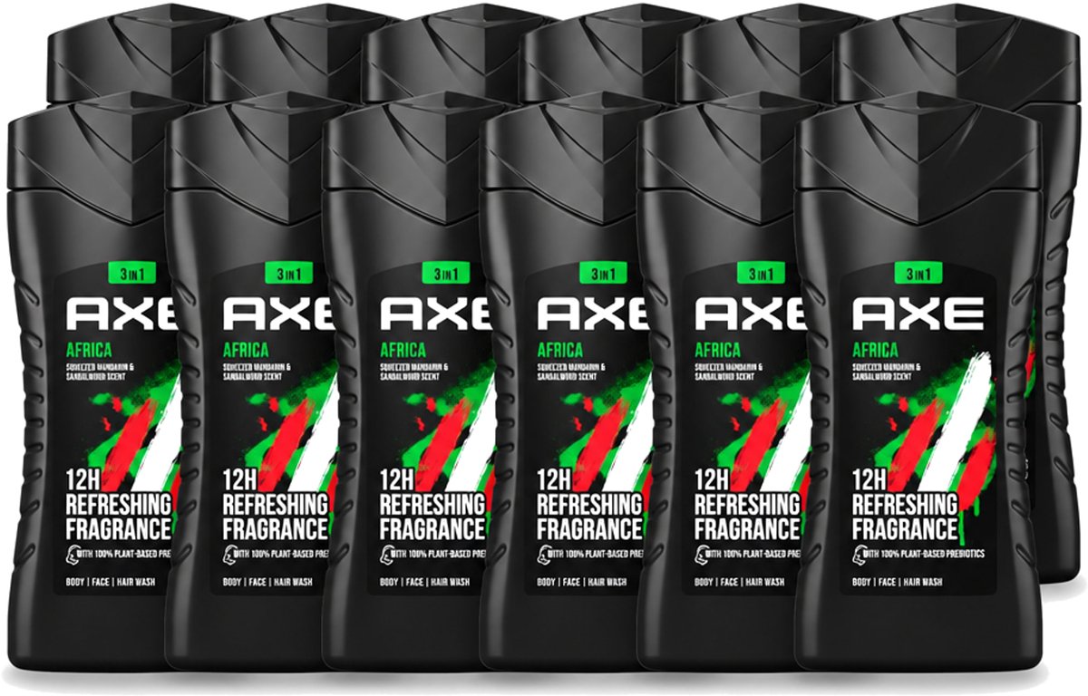 12 x Axe - 3-in-1 Douchegel - Africa - Squeezed Mandarin & Sandalwood - 100% Plantaardig - 250 ml - Voordeelverpakking - 12 stuks
