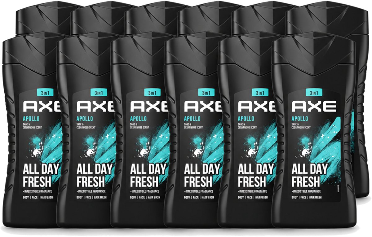 12 x Axe - 3-in-1 Douchegel - Apollo - Sage & Cedarwood - 250 ml - Voordeelverpakking - 12 stuks