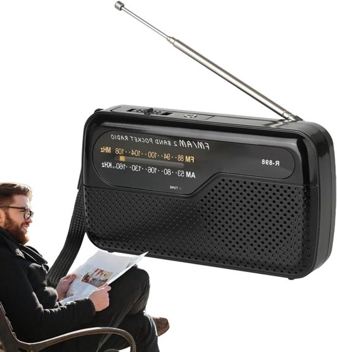 Transistorradio op batterijen - Draagbare radio - Voor ontspannen luisteren - Analoge afstemming - 126 x 3 x 71 cm - Zwart