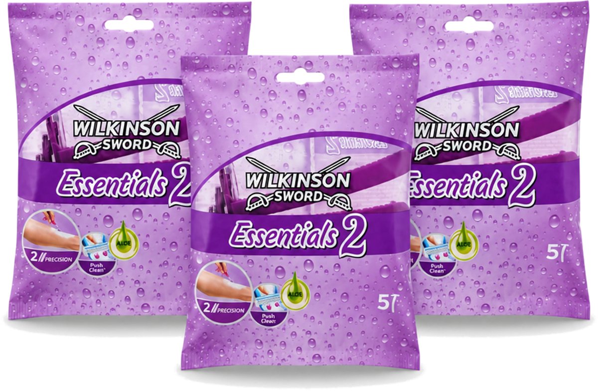 3 x Wilkinson - Wegwerpscheermesjes Essentials 2 - Voor Dames - Antislip Greep - 5 scheermesjes - Voordeelverpakking - 3 stuks