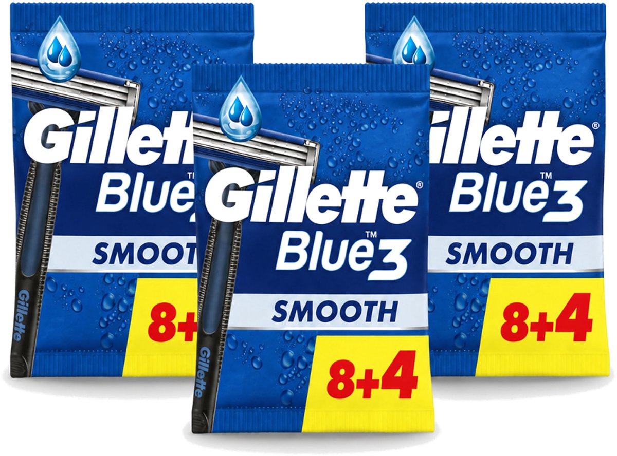 3 x Gillette - Blue III Smooth - Wegwerpscheermesjes - Comfort en bescherming - 12 Scheermesjes - Voordeelverpakking - 3 stuks