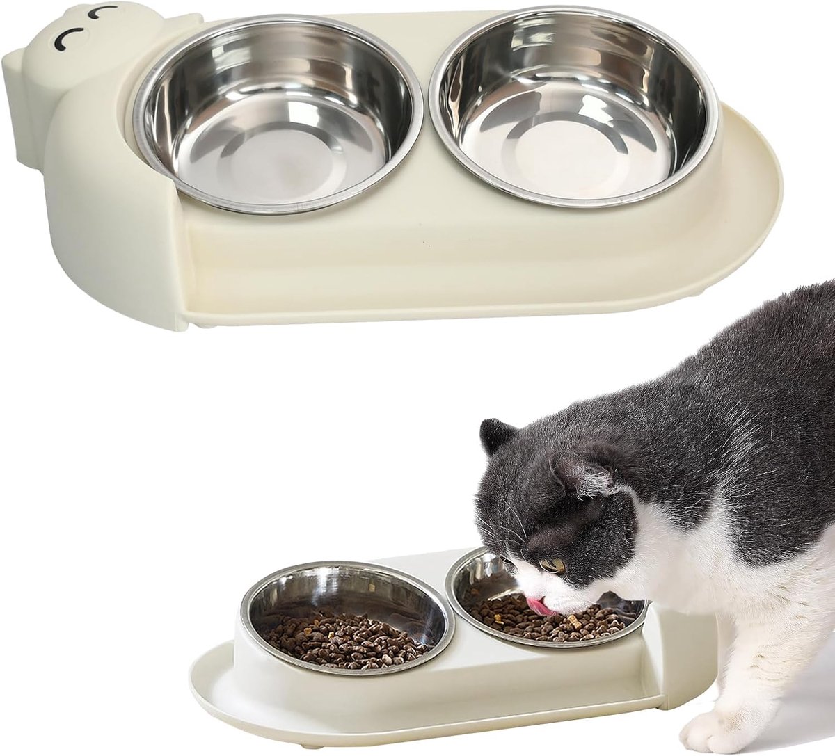15° Cat Feeder Neck Guard, Leak-Proof, Stainless Steel, Double Bowl for Cats and Puppies, White - ShopVlot