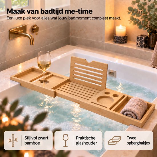 Luxe houten badplank met tabletstandaard, glas en twee opbergbakjes.