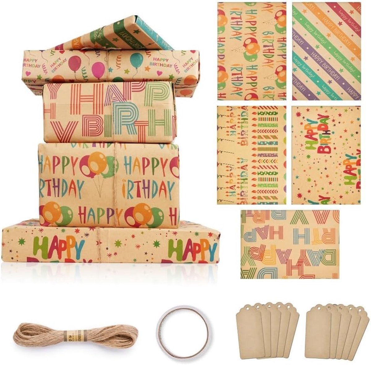 Recyclabel Cadeaupapier Set van 5 Stukken, Multifunctioneel Kraftpapier met 10 Cadeautags, 10 Meter Touw en Dubbelzijdige Tape voor Bruiloften en Feestjes