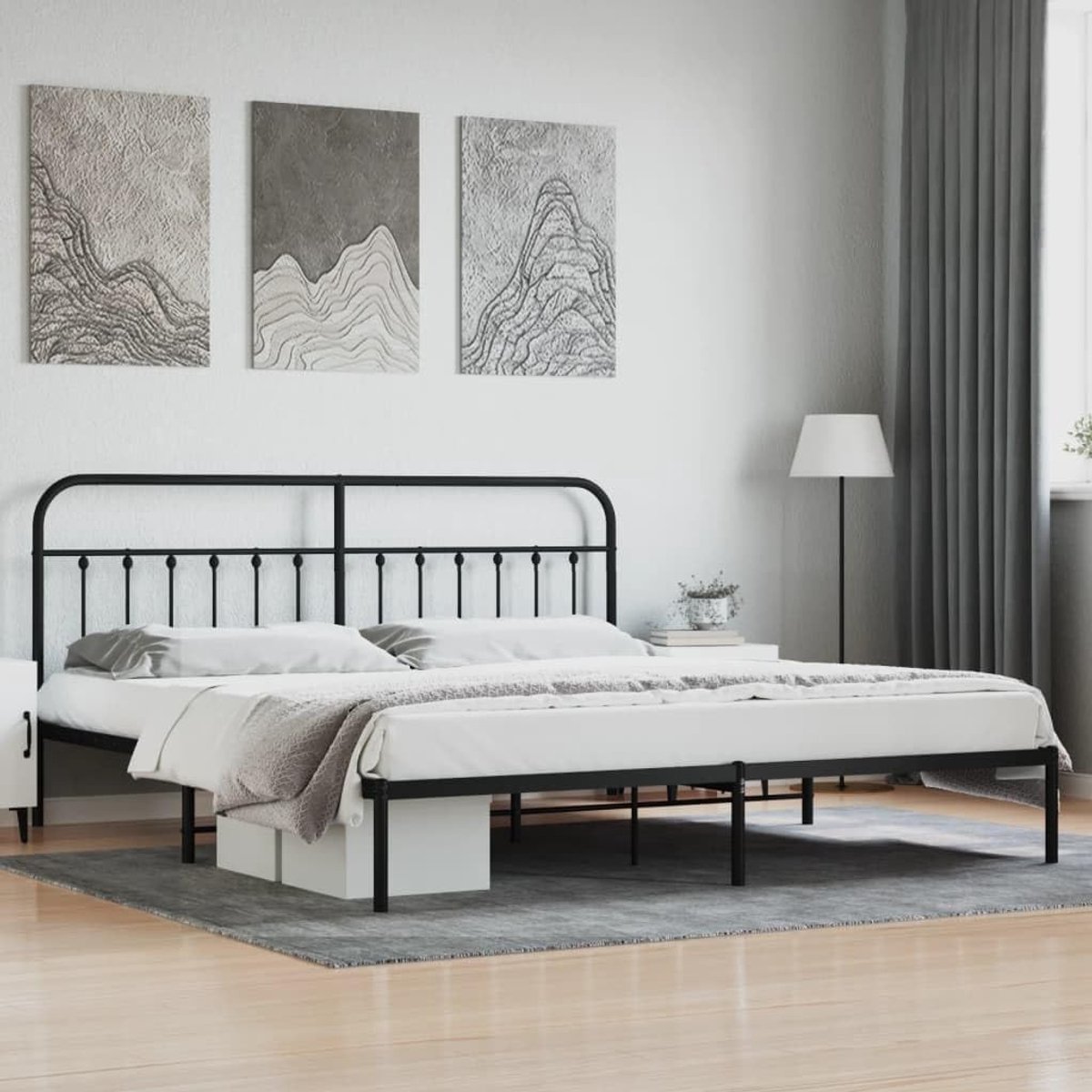 Bedframe met hoofdeinde, metaal, zwart, 193 x 203 cm, hotelbedframe, bedframe voor woonkamer, slaapkamer