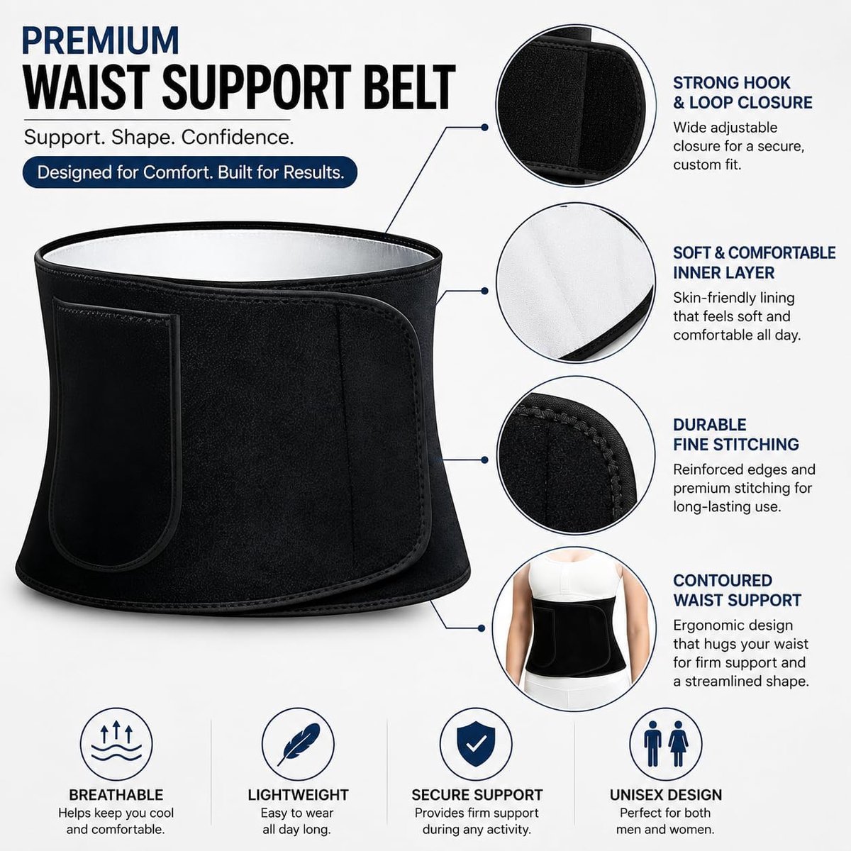 Afslankgordel voor Dames – Zwarte Neopreen Waist Trainer met Zilverionen – Zweetgordel met Compressie en Tailleondersteuning voor Fitness, Yoga en Hardlopen – Maat M