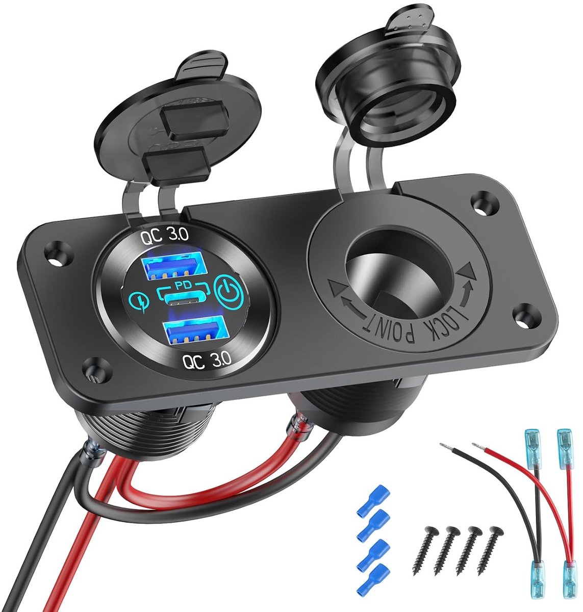 12 V, marine schakelaar, paneel, stekker, 12 volt, PD3.0 en dubbele USB QC3.0, oplader voor auto, van aluminium, waterdichte sigarettenaanstekeraansluiting, 150 W, 2-in-1 kit voor
