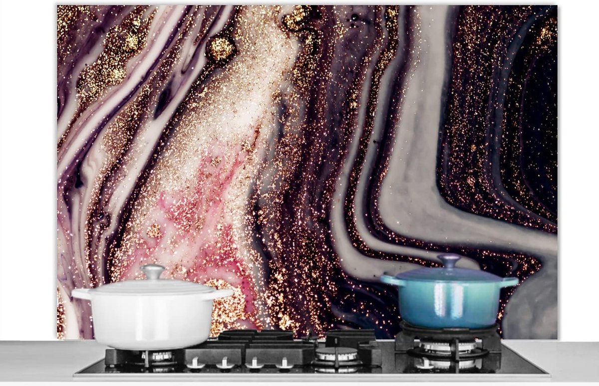Spatscherm Keuken - 120x80 cm - Marmer - Roze - Goud - Glitter - Marmerlook