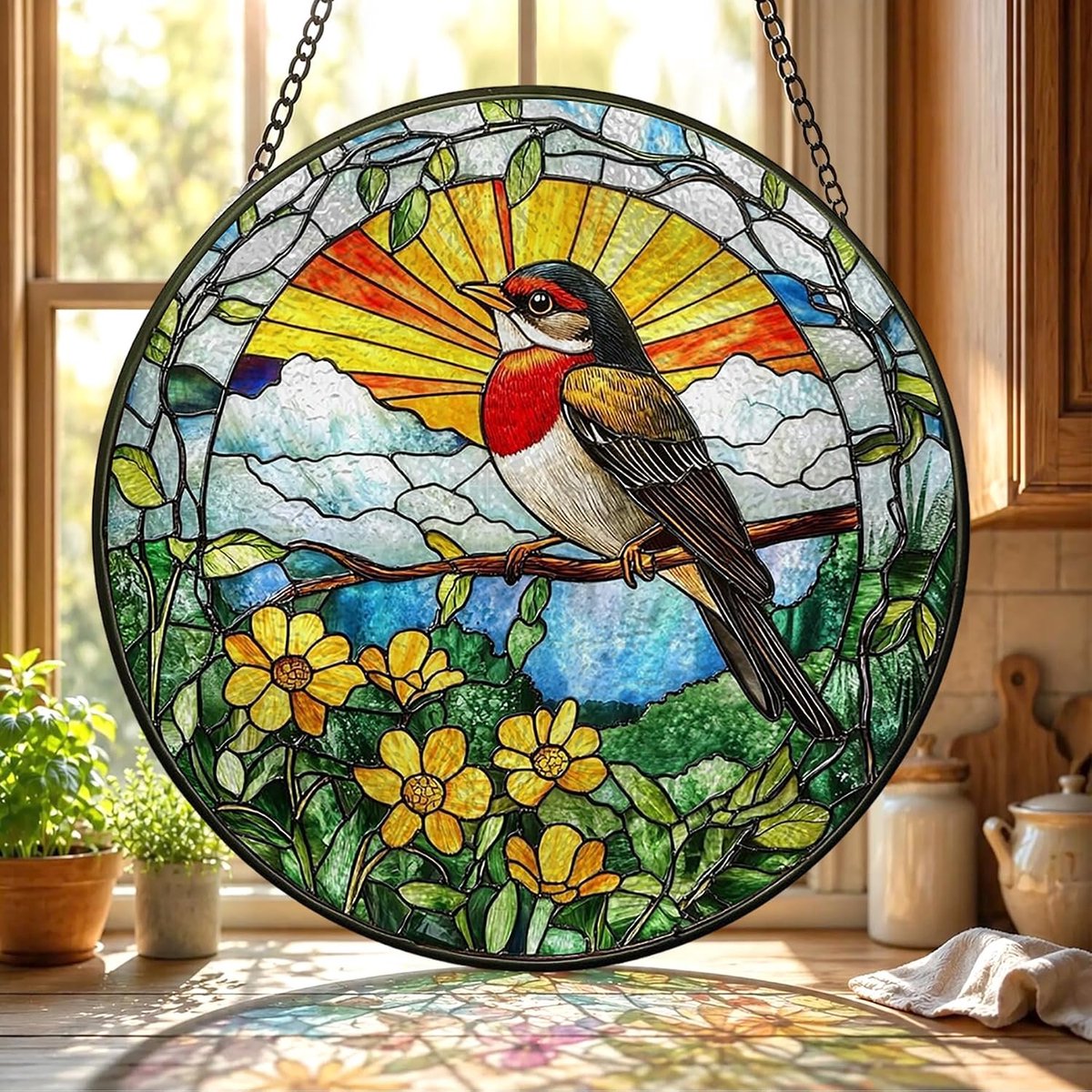 Bloem Gekleurd Glas Hangend - Vogel Hangende Raamdecoratie - voor Tuin, Raam en Deur, Verjaardag voor Vrouwen, Handgemaakte Suncatcher Decoratie 20x20 cm