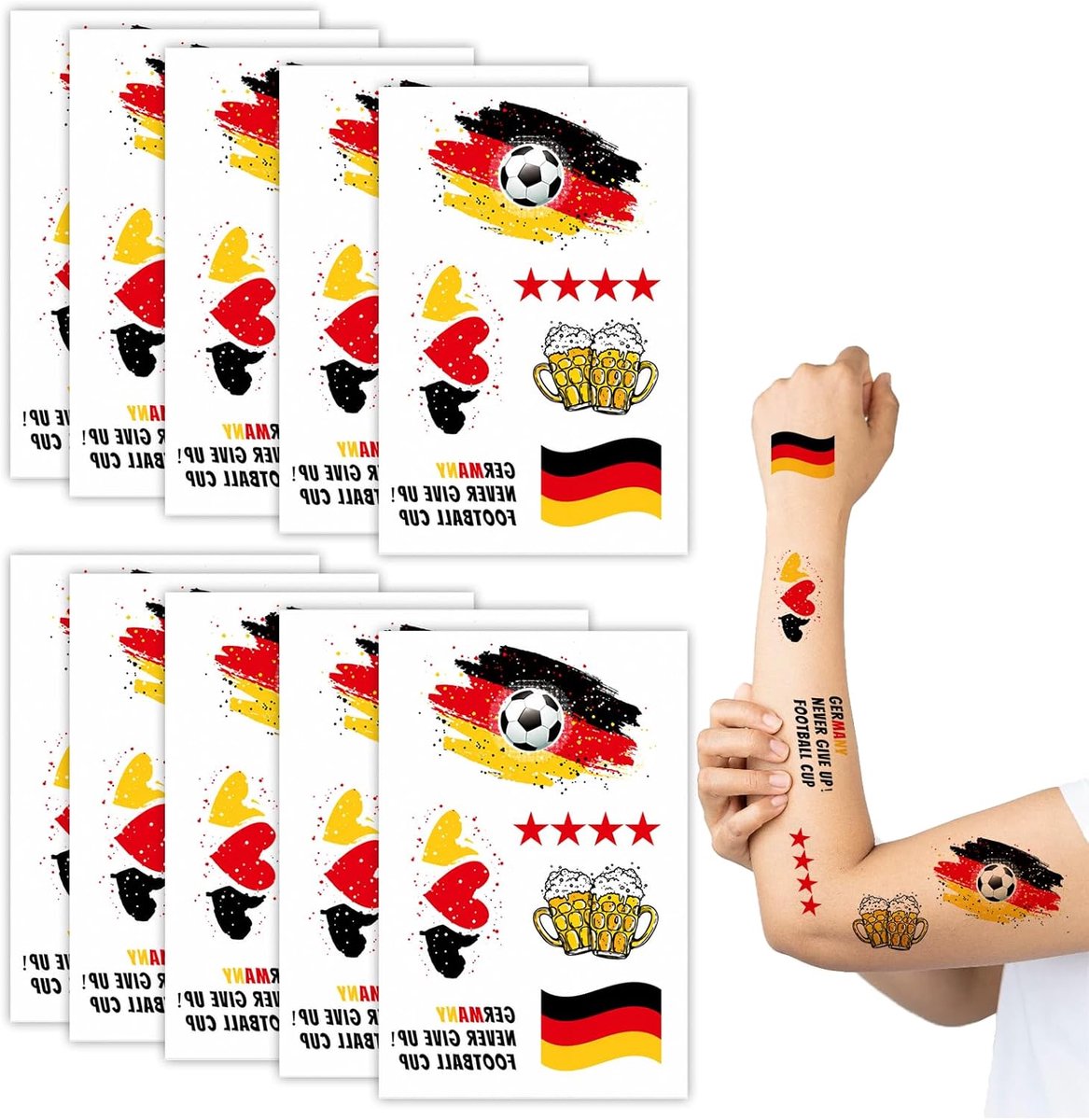 10 stuks Duitse tatoeages, fanartikelen, WK voetbal 2026, stickers met voetbalvlag van Duitsland, waterdichte tijdelijke tatoeages voor voetbalwedstrijden, fanfeesten