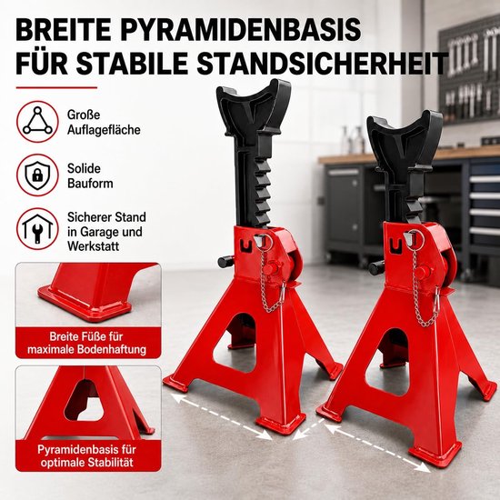 Steunbokken, 3T, met zekering, krik, standaard, modelkeuze, krik, werkplaatsstandaard, professionele bandenwissel, stelbok, autohefbok, rubber, auto, camper, rood — afbeelding 3