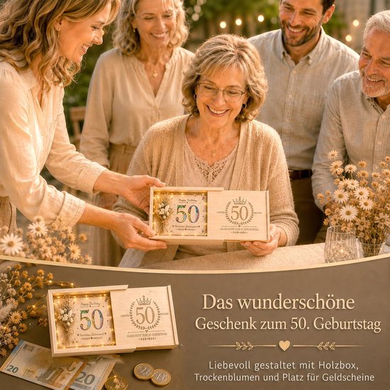 Geldgeschenken voor de 50e verjaardag van hout, verpakking met gelframe, gedroogde bloemen, cadeau voor 50e verjaardag, vrouw man, voor levenspartners — afbeelding 2