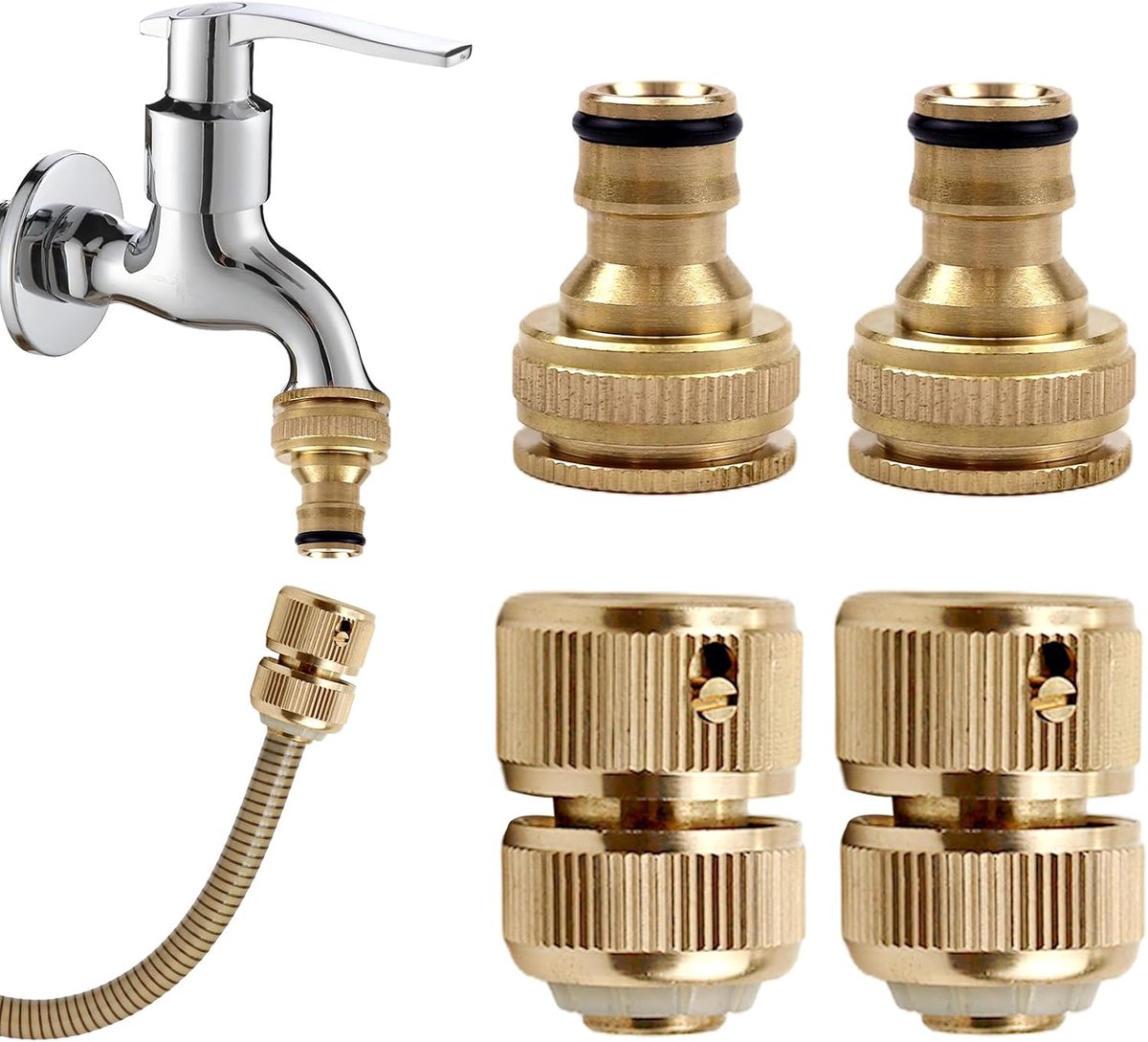 Tuinkraanadapter, 4 stuks/set wateraansluitadapter, messing 1/2 inch tuinslangaansluiting, 2-in-1 kraanadapter (1/2 inch en 3/4 inch slangen), voor reparatie en verbinding