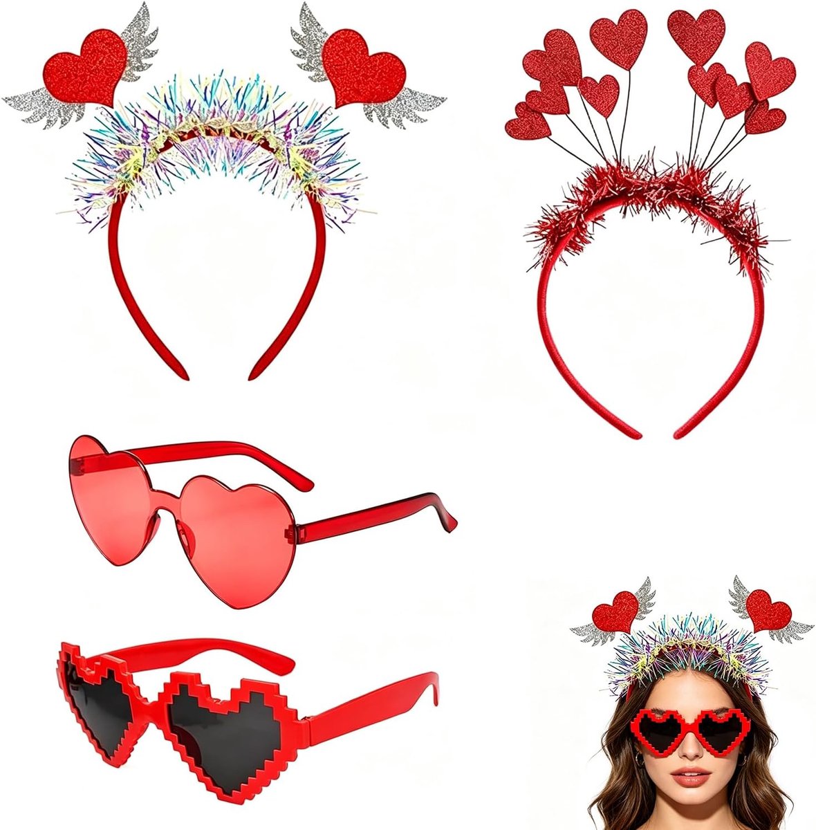 Hoofdband en Feest Bril Set 4 Stuks Glitter Hart Haarband Party Brillen Accessoires voor Valentijn Verjaardag Themafeest Fotobooth