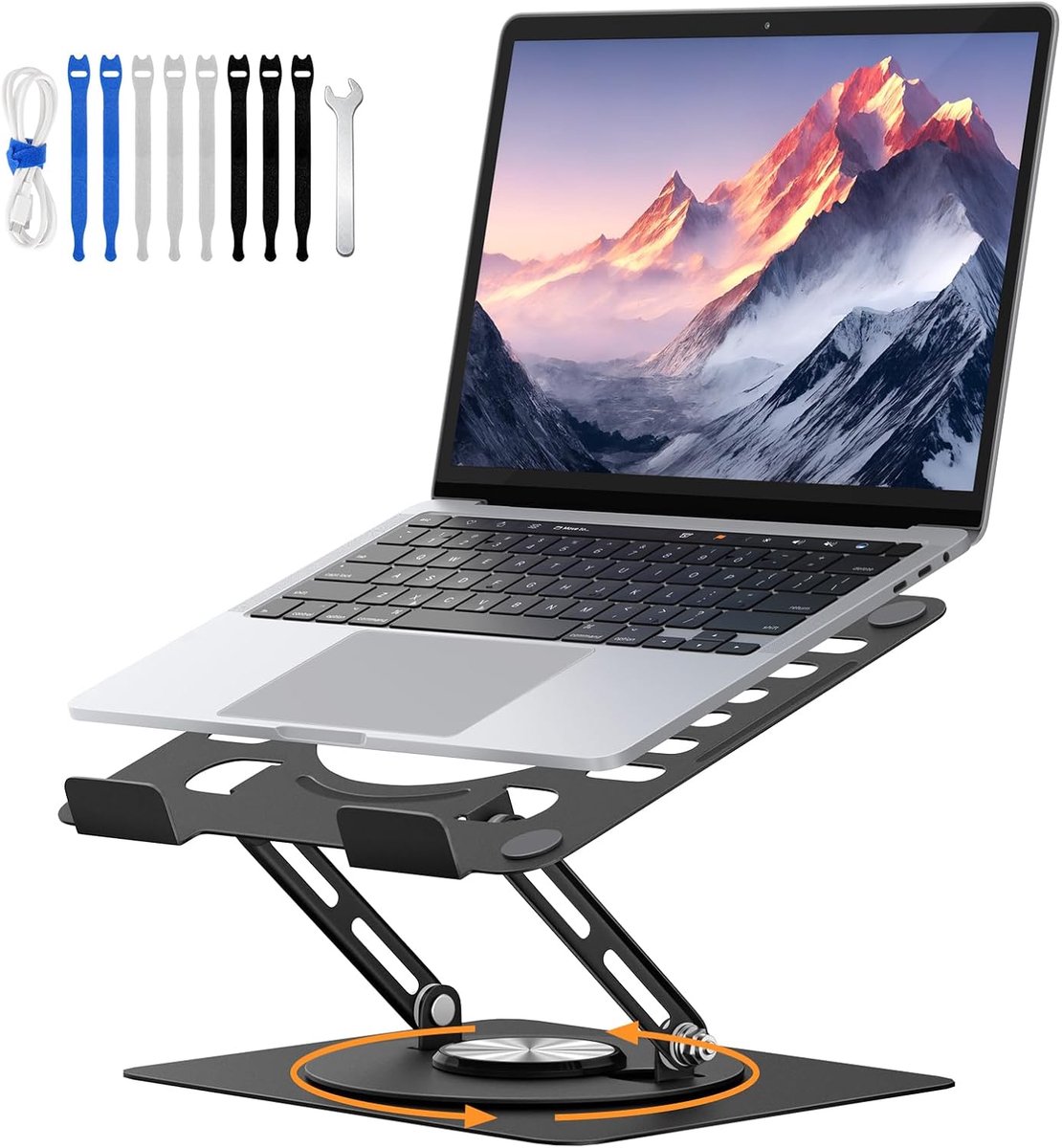Laptopstandaard voor bureau, laptopverhoger met 360° draaibare basis, geventileerde laptophouder van koolstofstaal, hoogte-en hoekverstelbaar, compatibel met MacBook Pro/Air, 11–16"(Zwart)