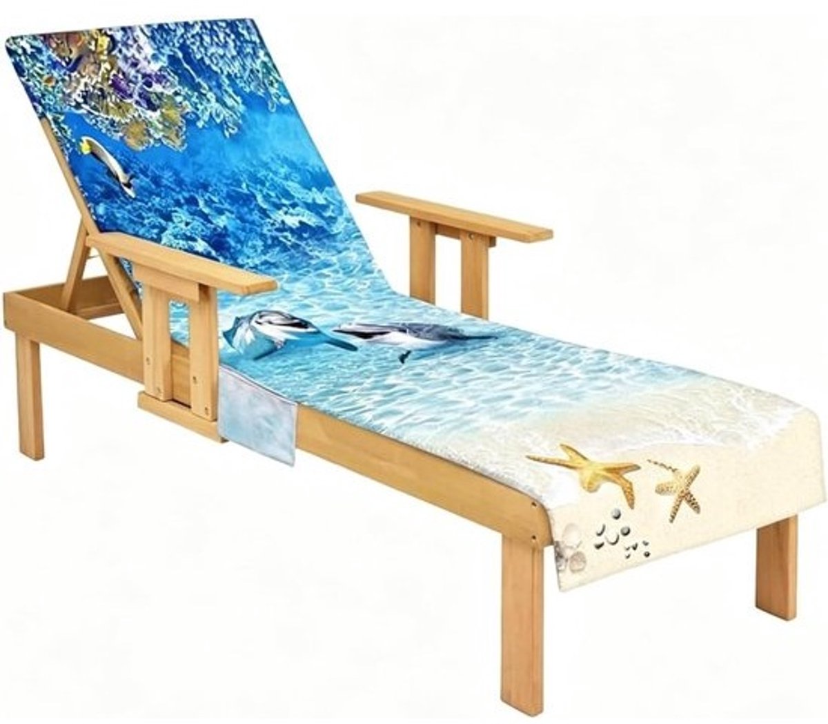 Beschermhoes voor ligstoel 75 x 210 cm - badstof ligkussen met 2 zakken, dolfijnmotief - wasbaar en comfortabel