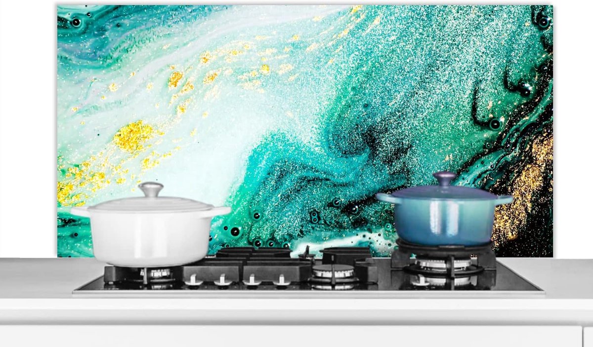 Spatscherm Keuken - 120x60 cm - Marmerlook - Blauw - Goud - Glitter - Luxe - Marmer