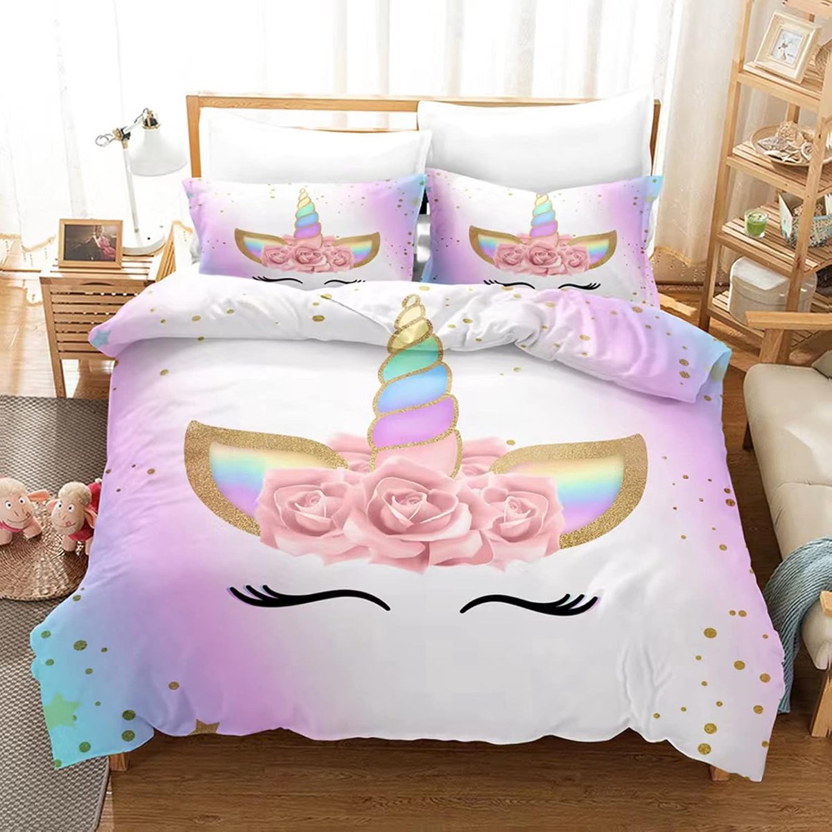 Dekbedovertrek 220 x 240 cm, voor kinderen, meisjes, 2-persoonsbeddengoed met ritssluiting, roze eenhoorn dekbedovertrek + 2 kussenslopen 65 x 65 cm