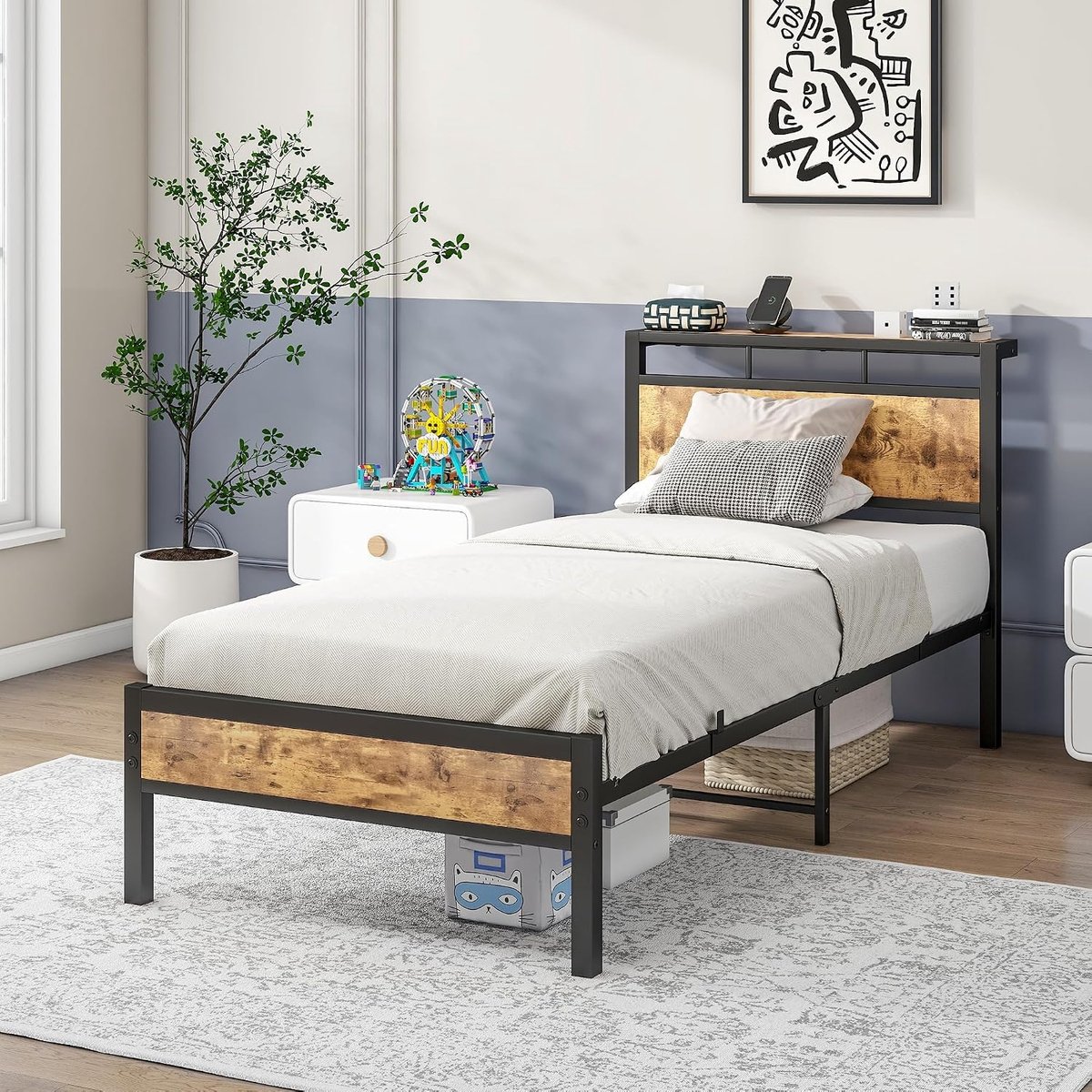 Eenpersoonsbedframe met houten hoofdeinde, zwart